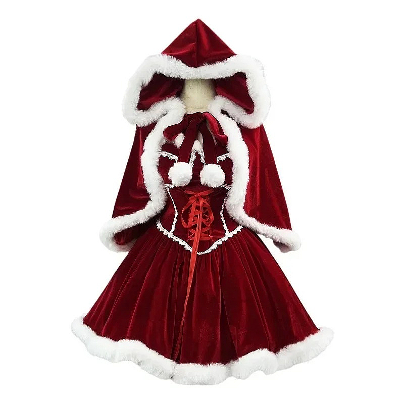 Elf Costume Christmas - السنة الجديدة فستان أحمر عباءة تأثيري